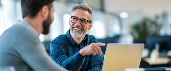 Collaboration and smiles: Two colleagues in modern workspace collaborate, smiling and engaging. A scene that evokes a sense of camaraderie and teamwork 