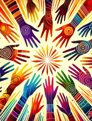 An artistic illustration of colorful multicultural hands reaching outward symbolizing racial diversity, connection, and creative collaboration