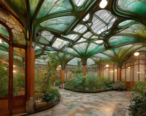 Serene indoor garden with a stunning Art Nouveau glass ceiling. Lush greenery and intricate details create a tranquil atmosphere.