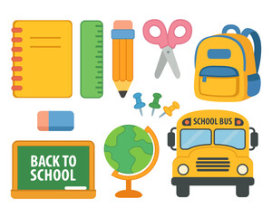 School composition with backpack books pencils bus scissors and chalkboard for back to school education themes. Vector illustration.