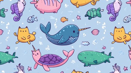 Mermaid seamless pattern. Narwhal and turtle, cartoon cat with fish tail. Cute sea creature, fabric print with beautiful mythical creatures, nowaday vector background, no logos, no brands