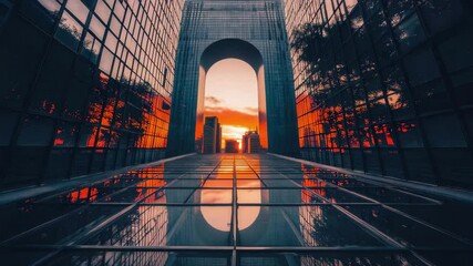Stunning sunset reflected in glass buildings with an archway leading to a vibrant skyline - Powered by Adobe