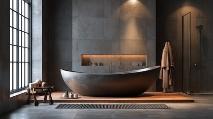 Modern Industrial Bathroom Design: Luxurious Freestanding Tub, Concrete Walls, and Wooden Accents
