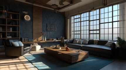 Modern Loft Apartment Interior Design with Panoramic Window View