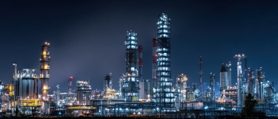 Naklejka premium Night view of illuminated petrochemical refinery complex