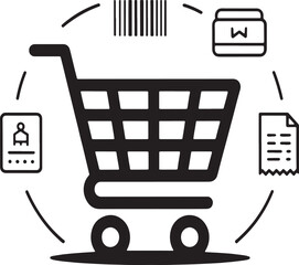 Shopping cart with barcode receipt and identification card vector