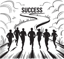 Silhouettes of runners on a path towards success with abstract elements running people