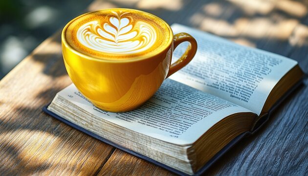 Yellow Cup Of Latte Art Coffee On Open Book Outdoors