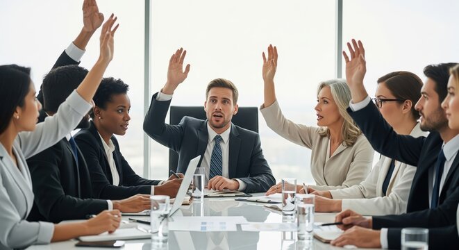 Business Agreement & Diversity. A diverse group of business professionals are seated around a large conference table. Many have their hands raised in agreement, while one individual - Powered by Adobe