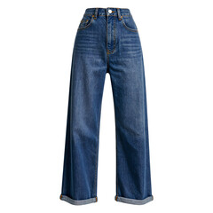 Fashion forward high waisted blue jeans with a trendy faded texture and rolled cuffs perfect for a chic and casual look