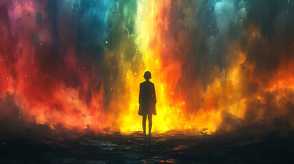 Fototapeta premium Silhouette of a Woman Facing a Vibrant, Fiery Wall of Color