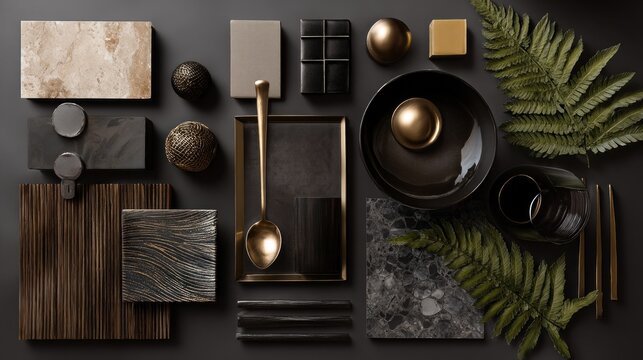 Dark Elegance: A Mood Board of Black, Gold, and Wood Textures