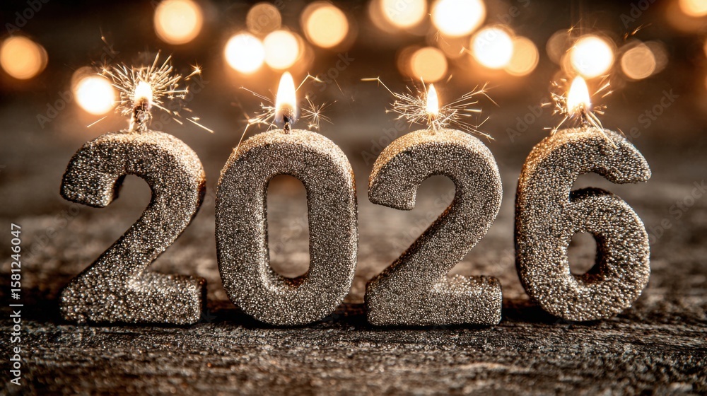 Poster a set of candles with the numbers 2026 on them. the candles are lit and arranged in a row