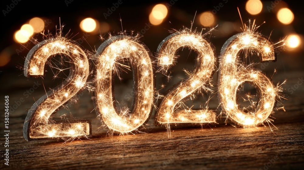 Poster a set of letters that spell out the number twenty-six. the letters are lit up with sparks, creating 