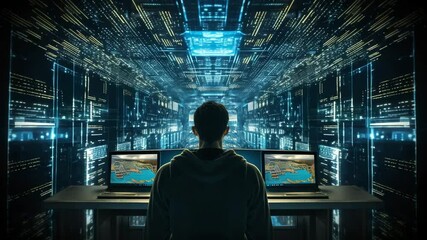 A computer engineer working on a laptop set against the backdrop of a server room, data center, and expansive data storage facilities—visually embodying the core themes of digital technolo 4K - Powered by Adobe