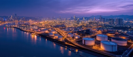 Obraz premium Night View of Industrial Complex and City Skyline