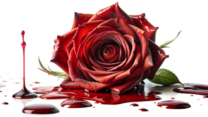Bloody Red Rose on a Pool of Blood on transparent background