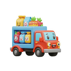 Fototapeta premium Colorful toy food truck with smiling characters and fruits on top 