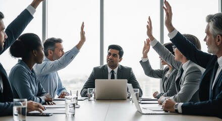 Business Agreement & Diversity. A diverse group of business professionals are seated around a large conference table. Many have their hands raised in agreement, while one individual