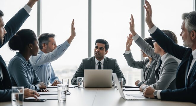 Business Agreement & Diversity. A diverse group of business professionals are seated around a large conference table. Many have their hands raised in agreement, while one individual