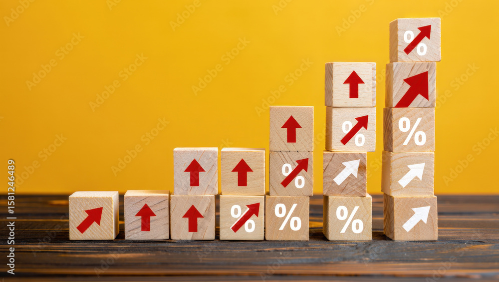 Poster wooden blocks stacked to show growth and progress a visual representation of increasing percentage w