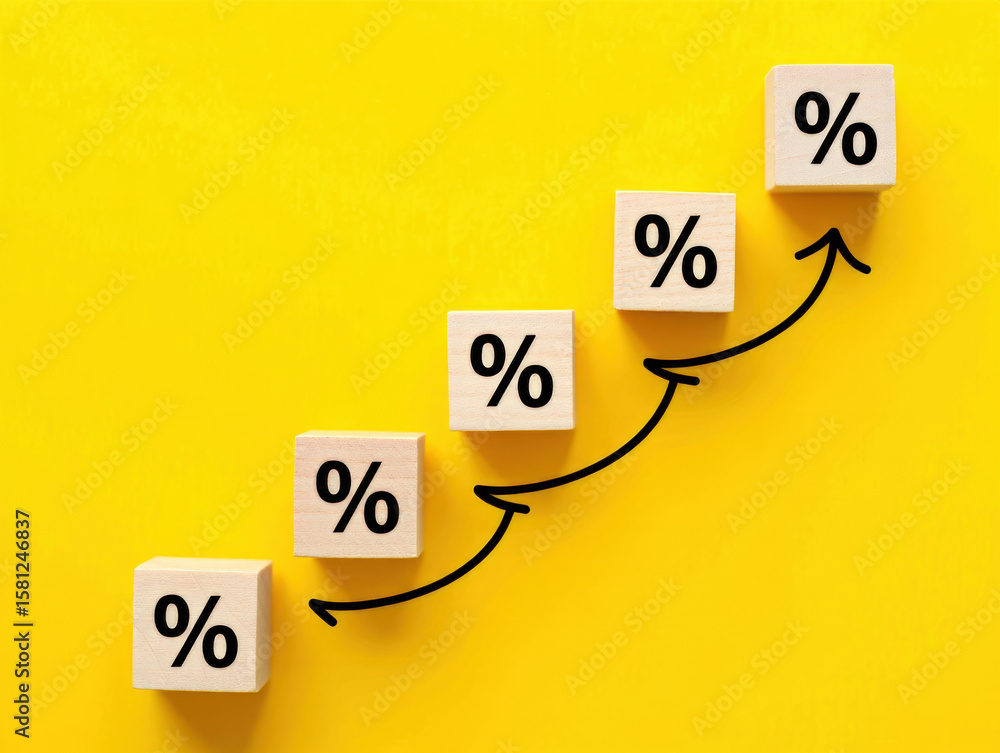 Poster percentage increase blocks ascending with arrow on yellow background representing growth and progres