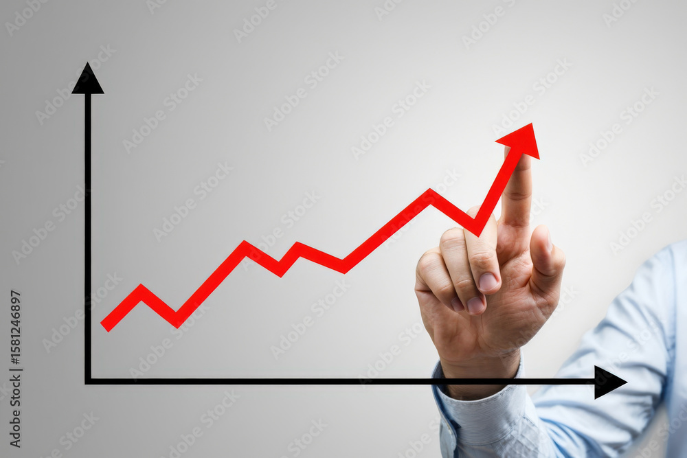 Poster pointing to an upward trending red arrow on a graph illustrating business growth and positive market