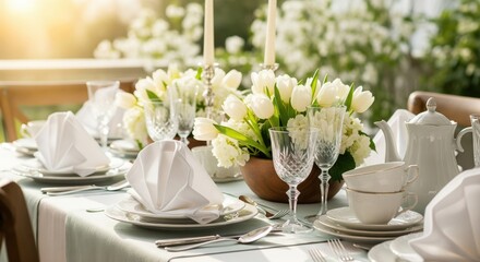 Fototapeta premium Blurred All-White Table Setting. A blurred image of a beautifully set table, featuring an all-white color scheme. White plates, napkins, teacups, and cutlery are arranged on a white tablecloth. 