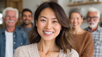 Fototapeta premium Group of multigenerational people smiling in front of camera - Multiracial friends of different ages having fun together - Main focus on asian center girl face, no logos, no brands