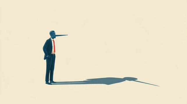 Long nose liar. Dishonest businessman hiding lie. Fake business truth. Man with pinocchio shadow. False manager cheat guy vector concept, no logos, no brands