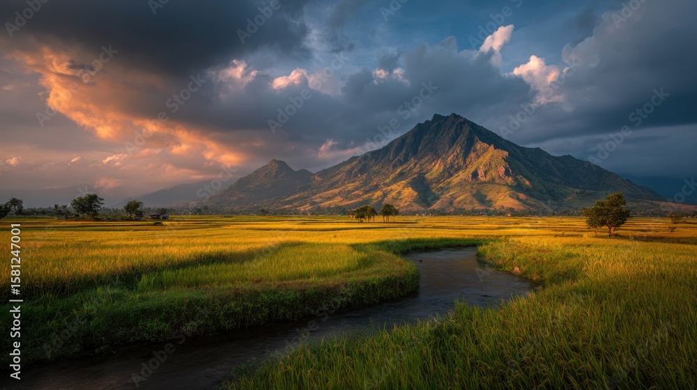 Poster a mountain range with a river running through it. the sky is cloudy and the sun is setting