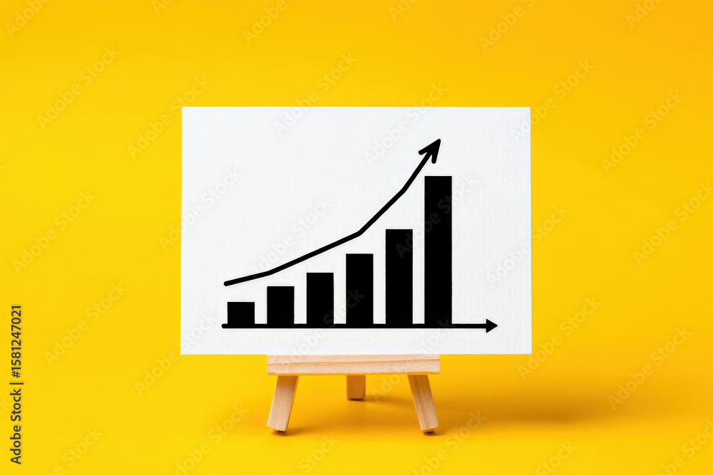 Poster projecting growth a bar graph on a white canvas displayed on a wooden easel against a yellow backgro