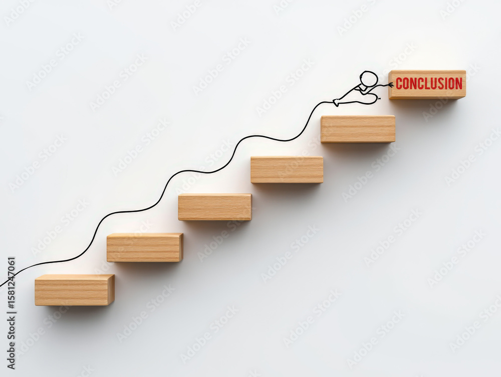 Poster reaching conclusion a wooden block staircase leading to a 'conclusion' block with a drawn figure cli
