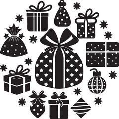 Collection of black silhouette gift boxes and a drawstring pouch