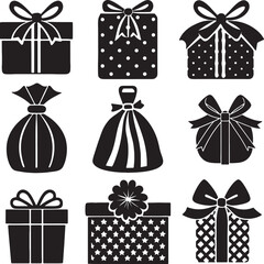 Collection of black silhouette gift boxes and a drawstring pouch