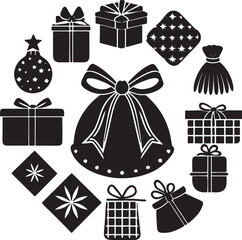 Collection of black silhouette gift boxes and a drawstring pouch