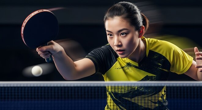 A close-up shot captures the intense focus of a female table tennis player as she serves.  The image showcases dynamic motion blur, highlighting the speed and energy of the game 
