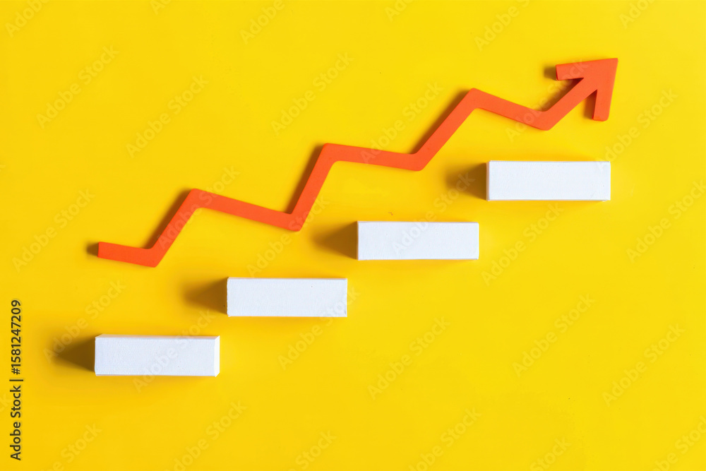 Poster red arrow ascending over white blocks on yellow background symbolizing business growth and success w