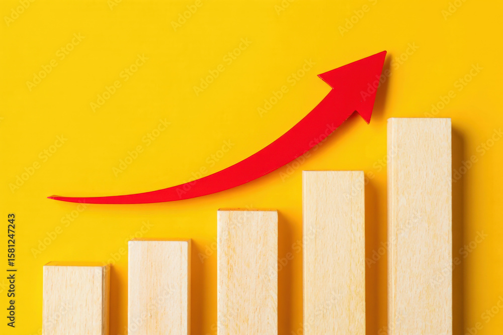 Poster red arrow ascending over wooden blocks on a yellow background symbolizing business growth and financ