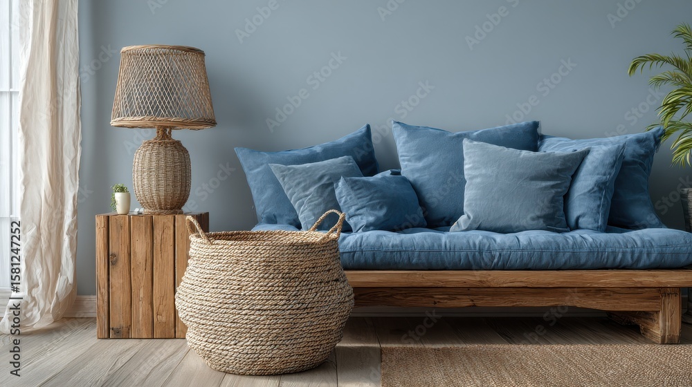 Poster blue cushions on a wooden sofa between a wicker basket and a scandinavian side table with a lamp in 
