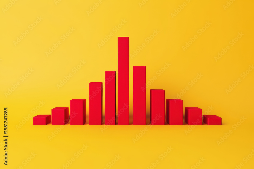 Poster red bar graph on yellow background showing fluctuations and trends in data analysis for business and