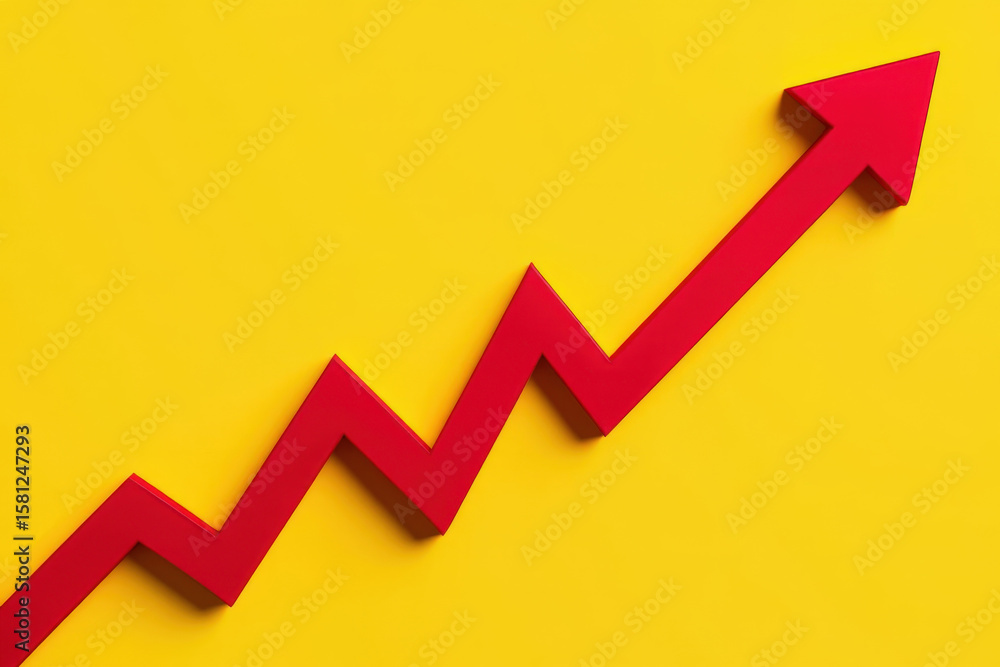 Poster red arrow pointing upward on a yellow backdrop signifying positive growth and advancement in busines
