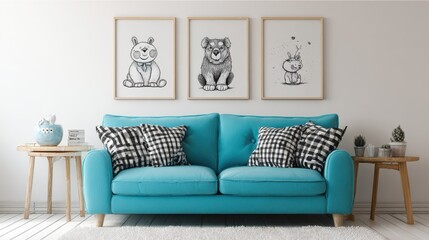 Simple kid room with turquoise couch, white carpet and posters with animal drawings, no logos, no brands