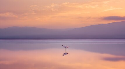 Lone Pink Flamingo on Mirror-like Salt Flat