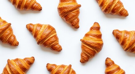 Croissant Delight. A minimalist flat lay of golden brown croissants arranged on a clean, white background. The image focuses on the texture and form of the pastries