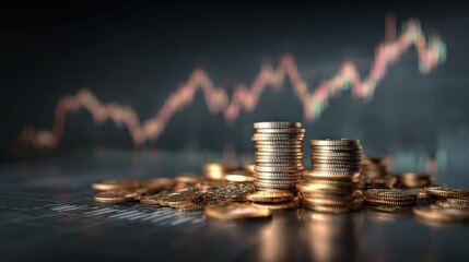 The background is blurred, with a pile of coins and financial charts in the foreground, showing a stock market curve with a fluctuating trend, symbolizing economic prosperity and vitality.