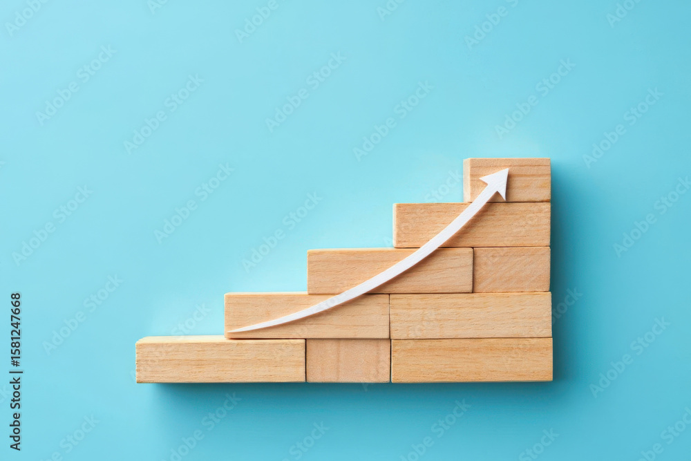 Poster stairway to success wooden blocks arranged as steps with an arrow pointing upward symbolizing growth