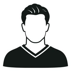 Graphic illustration of a faceless man with dark hair wearing a v-neck shirt, vector.