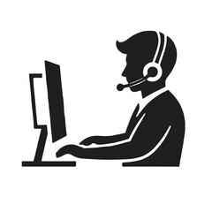 Icon of a person wearing a headset while working on a computer, possibly in customer support or a call center, vector.