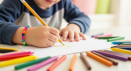 Child Drawing with Crayons.  A close-up shot of a young child drawing on a white piece of paper with a yellow pencil. 